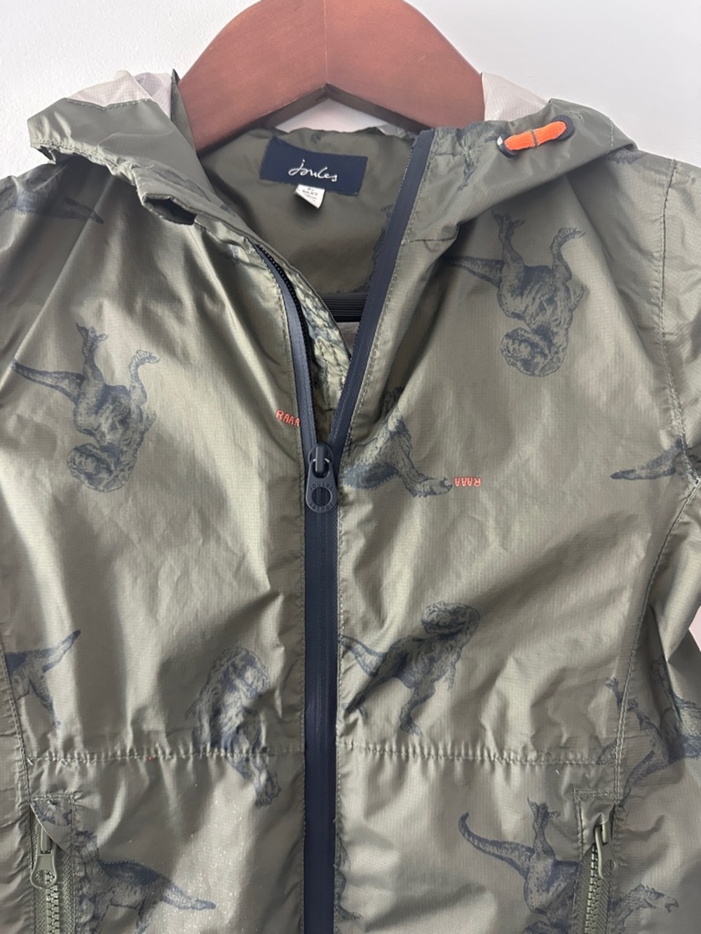 Joules Olive Green Dinosaur Print Hooded Raincoat - Picture 2 of 9